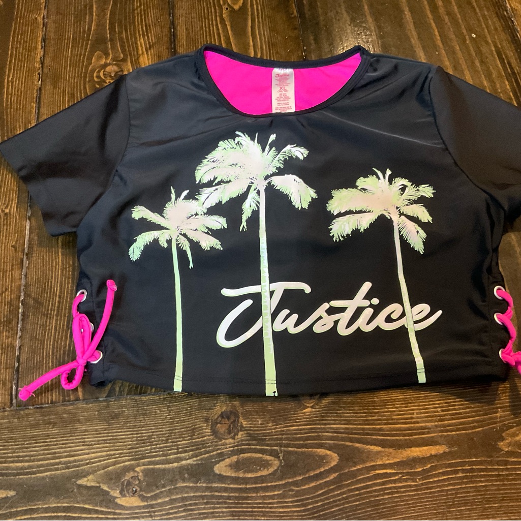 Justice Black And Pink Kids Palm Tree Tankini Top Pre Loved